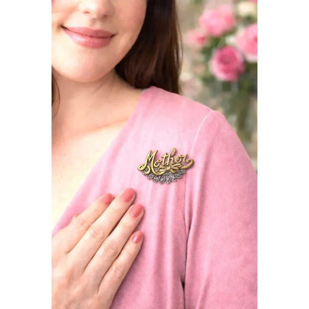 MOM Brooch Pin Filigree Metal Bronze Tone & Silver Tone Mother's Day Gift